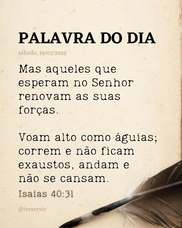 Senhor, reconheço minhas fraquezas e a impaciência que muitas vezes me domina.

Confesso que, em momentos de espera, perdi a fé e deixei de confiar em Teus planos.

Hoje, peço Tua força renovadora para que eu possa elevar meus pensamentos e ações, assim como a águia nas alturas.

Comprometo-me a esperar em Ti com confiança, permitindo que Teu amor guie meu caminho.

Que meu espírito reflita a luz da esperança que vem de Ti.

Amém.

❤️ Deus lhe trouxe aqui por um propósito.

📖 Com Ele, tudo é possível! (Marcos 10:27).

💎 Siga para mais palavras de encorajamento.

#palavradodia #ireservir #deuspoderoso #leiaabiblia #deusfiel #bíblia #evangelho #bibliadeapuntes #deusebomotempotodo #bibliaejiujitsu #faith #bibliantv #espiritosanto #bibliadamulher #bíbliadeestudo #catolico #versiculobiblico #mêsdabíblia #leia_a_bíblia #reinodedeus #graça #igrejacatolica #amorproprio #estudodabíblia #lerabíblia #sucesso #diosesbueno #iglesia